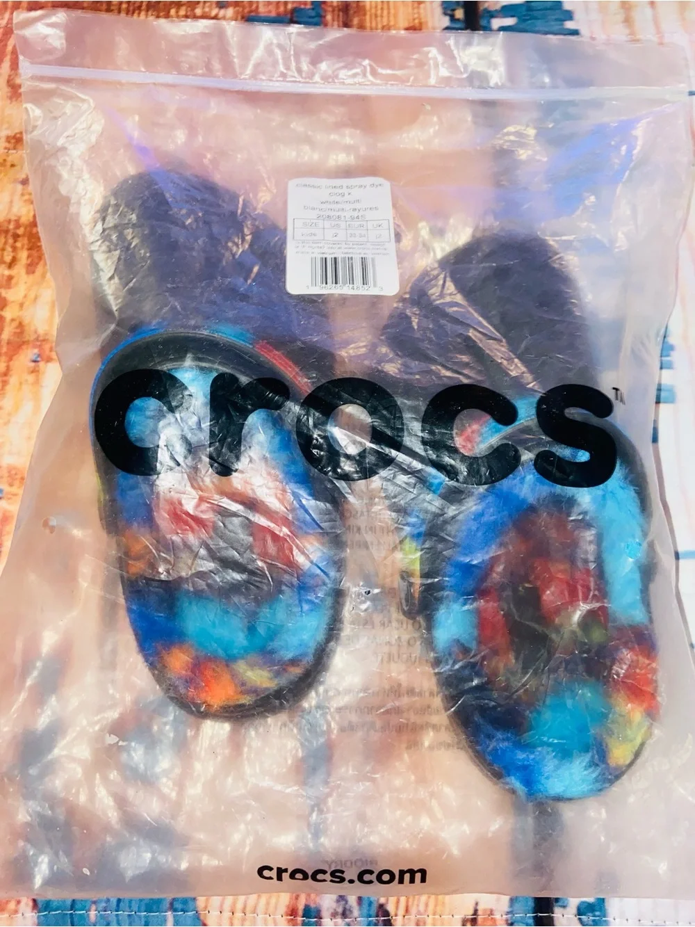 Kids Black Crocs with Blue & Multicolor Lining